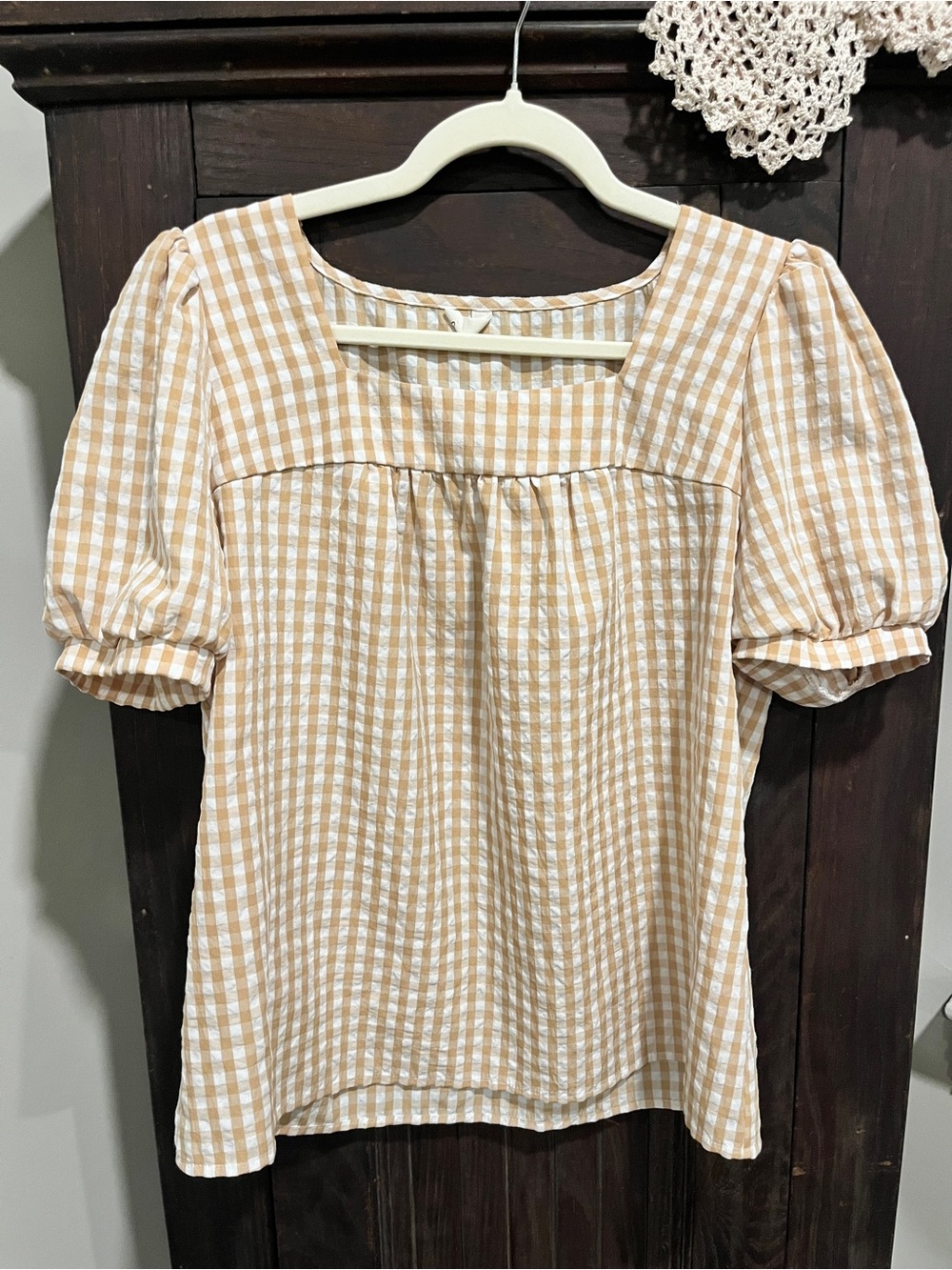 Gingham Square-Neck Puff Sleeve Blouse - Beige/White